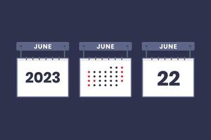 Diseño de calendario 2023 icono del 22 de junio. Calendario del 22 de junio, cita, concepto de fecha importante. vector