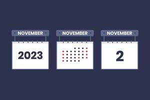 2023 calendar design November 2 icon. 2nd November calendar schedule, appointment, important date concept. vector