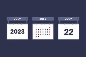 Diseño de calendario 2023 icono del 22 de julio. Calendario del 22 de julio, cita, concepto de fecha importante. vector