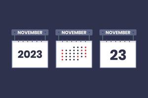 Diseño de calendario 2023 icono del 23 de noviembre. Calendario del 23 de noviembre, cita, concepto de fecha importante. vector