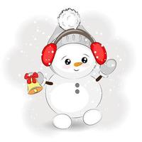 Cute Christmas snowman with bell and fur earmuffs vector illustration