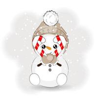 Cute Christmas snowman with candy, vector illustration