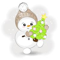 Cute Christmas snowman with a Christmas tree vector illustration