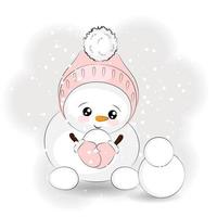 Cute Christmas snowman builds another snowman vector illustration