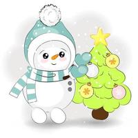 Christmas cute snowman decorates the Christmas tree, vector illustration