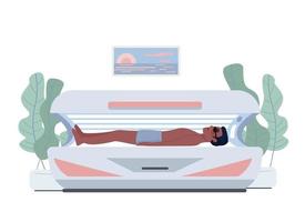 Indoor tanning 2D vector isolated illustration. Beauty procedure flat character on cartoon background. Cosmetic tan device colourful editable scene for mobile, website, presentation