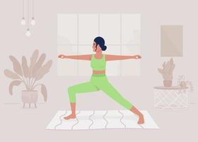 dama haciendo yoga asana en casa ilustración de vector de color plano. actividad física rutinaria. afición deportiva. personaje de dibujos animados simple 2d completamente editable con interior doméstico en el fondo