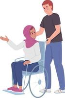 Man assists lady with disability semi flat color vector characters. Editable figures. Full body people on white. Friendship simple cartoon style illustration for web graphic design and animation