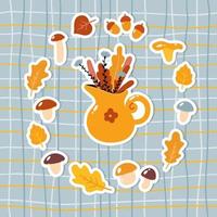 Pattern of autumn stickers. A vase of flowers in a circle of mushrooms and leaves. Design for scrapbooking vector