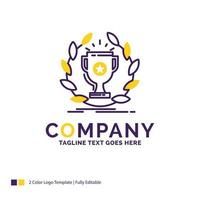 diseño del logotipo del nombre de la empresa para el premio. taza. premio. premio. victoria. diseño de marca púrpura y amarillo con lugar para eslogan. plantilla de logotipo creativo para pequeñas y grandes empresas. vector