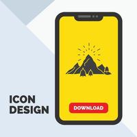 hill. landscape. nature. mountain. fireworks Glyph Icon in Mobile for Download Page. Yellow Background vector