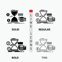 Hourglass. management. money. time. coins Icon in Thin. Regular. Bold Line and Glyph Style. Vector illustration