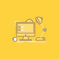 lugar de trabajo. puesto de trabajo. oficina. lámpara. icono lleno de línea plana de computadora. hermoso botón de logotipo sobre fondo amarillo para ui y ux. sitio web o aplicación móvil vector