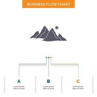 mountain. landscape. hill. nature. sun Business Flow Chart Design with 3 Steps. Glyph Icon For Presentation Background Template Place for text. vector