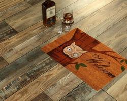 New Delhi, Delhi, IN, 2022 - Beautiful Colorful Welcome zute doormat with Tree and Night Owl placed with Whiskey and Glass photo