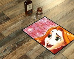 New Delhi, Delhi, IN, 2022 - Beautiful Disney Princess Printed Kids Woolen Welcome Entry Doormat placed with Whiskey and Glass photo