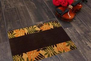 New Delhi, Delhi, IN, 2022 - Beautiful Colorful Leaf Printed Welcome zute doormat placed with Guitar and Red Roses photo