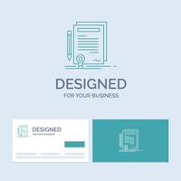 Business. certificate. contract. degree. document Business Logo Line Icon Symbol for your business. Turquoise Business Cards with Brand logo template vector