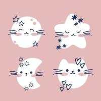 dibujar caras de gatos lindos tarjeta de felicitación diseño kawaii estilo de dibujos animados de garabatos. vector