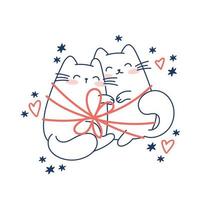 Draw funny the cat got tangled up in the holiday ribbon  for christmas and winter vector illustration character collection funny cat for Christmas and New year. Doodle cartoon style.