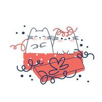 Draw funny cat  sitting in gift box for christmas and winter vector illustration character collection funny cat for Christmas and New year. Doodle cartoon style.