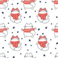 Draw seamless pattern with cute cats  on white background for christmas and winter and New year Doodle cartoon style vector