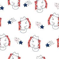 Draw seamless pattern with cute cats  on white background for christmas and winter and New year Doodle cartoon style vector