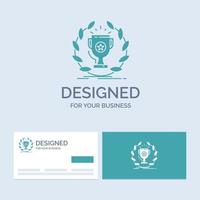 award. cup. prize. reward. victory Business Logo Glyph Icon Symbol for your business. Turquoise Business Cards with Brand logo template. vector