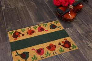 New Delhi, Delhi, IN, 2022 - Beautiful Colorful Bird Printed Welcome zute doormat placed on brown floor with Guitar photo