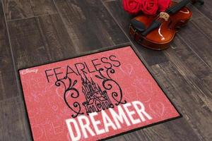 New Delhi, Delhi, IN, 2022 - Beautiful Fearless Dreamer Printed Kids Woolen Welcome Entry Doormat placed on brown floor with Guitar photo