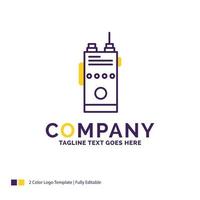 diseño del logotipo del nombre de la empresa para walkie. película sonora. comunicación. radio. cámping. diseño de marca púrpura y amarillo con lugar para eslogan. plantilla de logotipo creativo para pequeñas y grandes empresas. vector