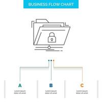 encryption. files. folder. network. secure Business Flow Chart Design with 3 Steps. Line Icon For Presentation Background Template Place for text vector