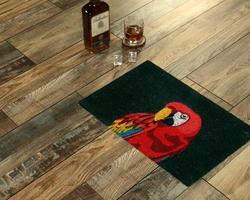 New Delhi, Delhi, IN, 2022 - Modern Black Red Parrot bird printed zute doormat placed with Whiskey and Glass photo