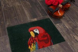 New Delhi, Delhi, IN, 2022 - Modern Black Red Parrot bird printed zute doormat placed on brown floor with Guitar photo