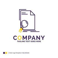 Company Name Logo Design For Analysis. document. file. find. page. Purple and yellow Brand Name Design with place for Tagline. Creative Logo template for Small and Large Business. vector