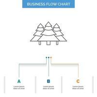 bosque. cámping. selva. árbol. diseño de diagrama de flujo de negocios de pinos con 3 pasos. icono de línea para el lugar de plantilla de fondo de presentación para texto vector