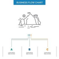 Nature. hill. landscape. mountain. scene Business Flow Chart Design with 3 Steps. Line Icon For Presentation Background Template Place for text vector