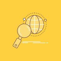 global. globe. magnifier. research. world Flat Line Filled Icon. Beautiful Logo button over yellow background for UI and UX. website or mobile application vector