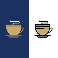 iconos de limpieza de tazas de café y té plano y conjunto de iconos llenos de línea vector fondo azul