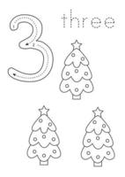 Flashcard number 3. Preschool worksheet. Christmas tree. vector