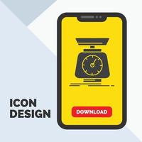 implementación. masa. escala. escamas. icono de glifo de volumen en el móvil para la página de descarga. fondo amarillo vector