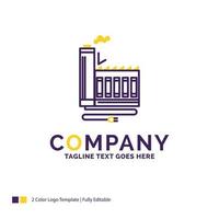 Company Name Logo Design For Consumption. resource. energy. factory. manufacturing. Purple and yellow Brand Name Design with place for Tagline. Creative Logo template for Small and Large Business. vector