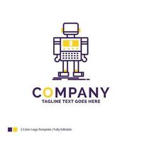 diseño del logotipo del nombre de la empresa para autónomos. máquina. robot. robótico tecnología. diseño de marca púrpura y amarillo con lugar para eslogan. plantilla de logotipo creativo para pequeñas y grandes empresas. vector