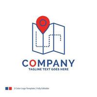 Company Name Logo Design For Map. Camping. plan. track. location. Blue and red Brand Name Design with place for Tagline. Abstract Creative Logo template for Small and Large Business. vector