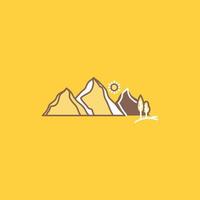 Cerro. paisaje. naturaleza. montaña. icono lleno de línea plana de escena. hermoso botón de logotipo sobre fondo amarillo para ui y ux. sitio web o aplicación móvil vector