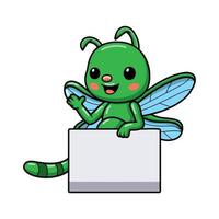 Cute little green dragonfly cartoon with blank sign vector