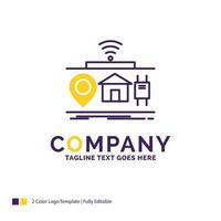 Company Name Logo Design For IOT. gadgets. internet. of. things. Purple and yellow Brand Name Design with place for Tagline. Creative Logo template for Small and Large Business. vector