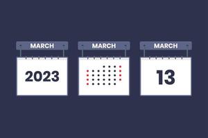 Diseño de calendario 2023 icono del 13 de marzo. Calendario del 13 de marzo, cita, concepto de fecha importante. vector