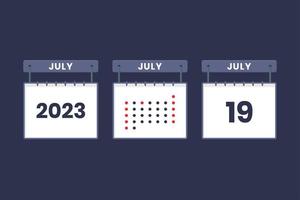 Diseño de calendario 2023 icono del 19 de julio. Calendario del 19 de julio, cita, concepto de fecha importante. vector