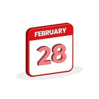 28th February calendar 3D icon. 3D February 28 calendar Date, Month icon vector illustrator
